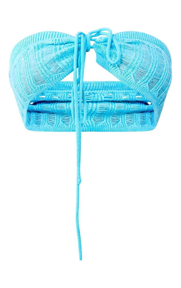 Plus Blue Knitted Tie Front Bandeau Top Product Image