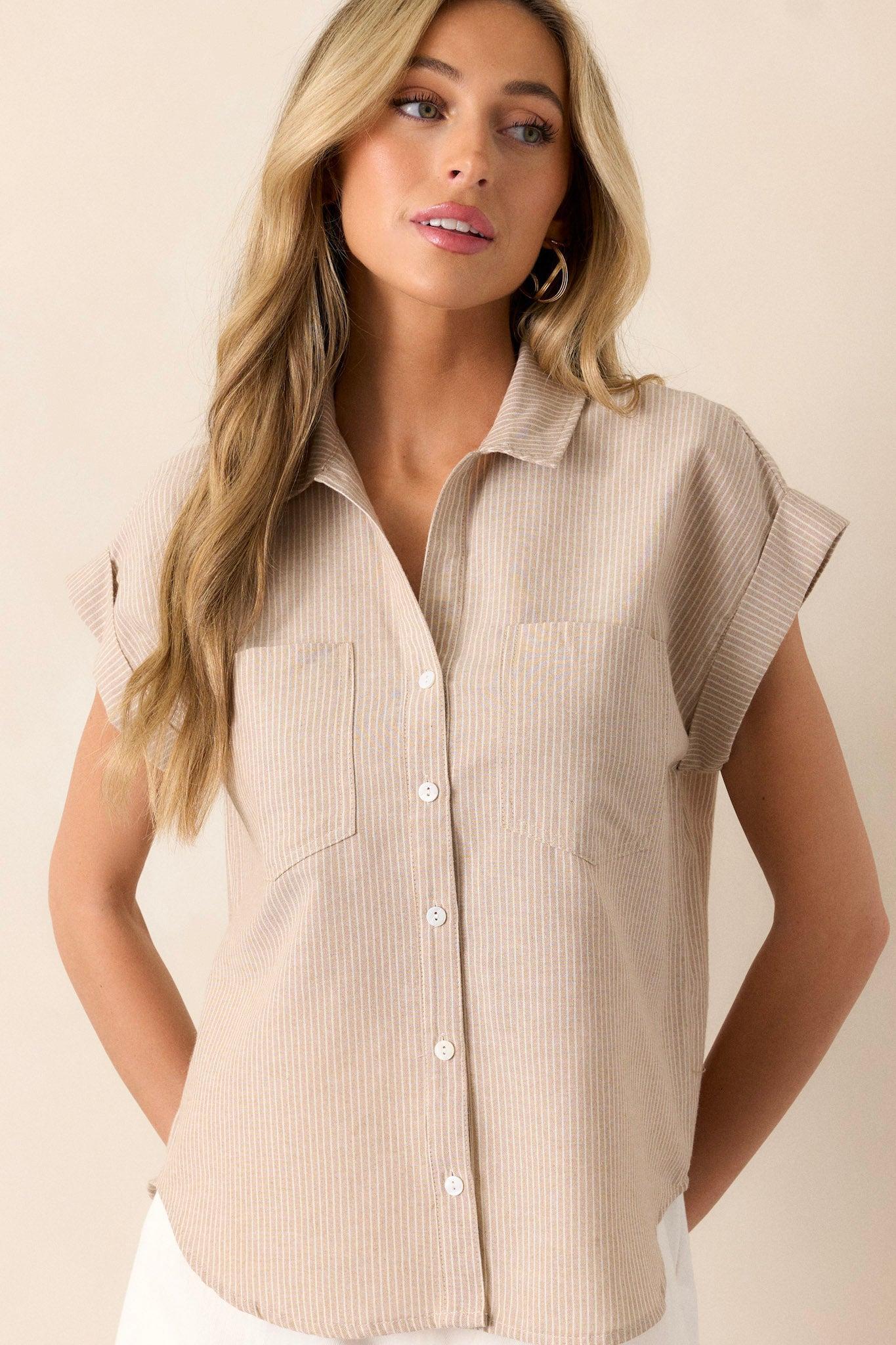 Know The One Taupe Striped Button Front Top Product Image