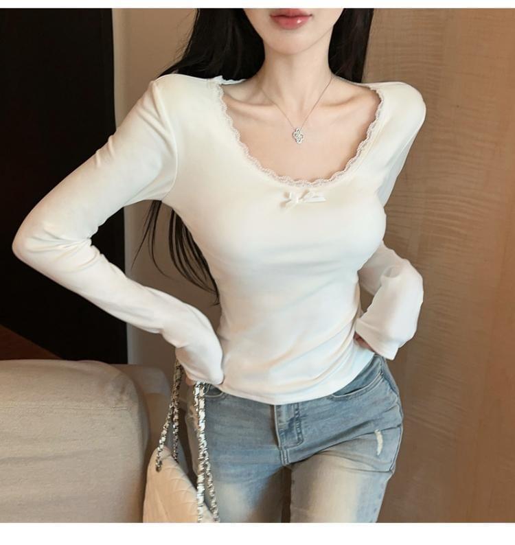 Long-Sleeve Scoop Neck Plain Bow Lace Trim T-Shirt Product Image