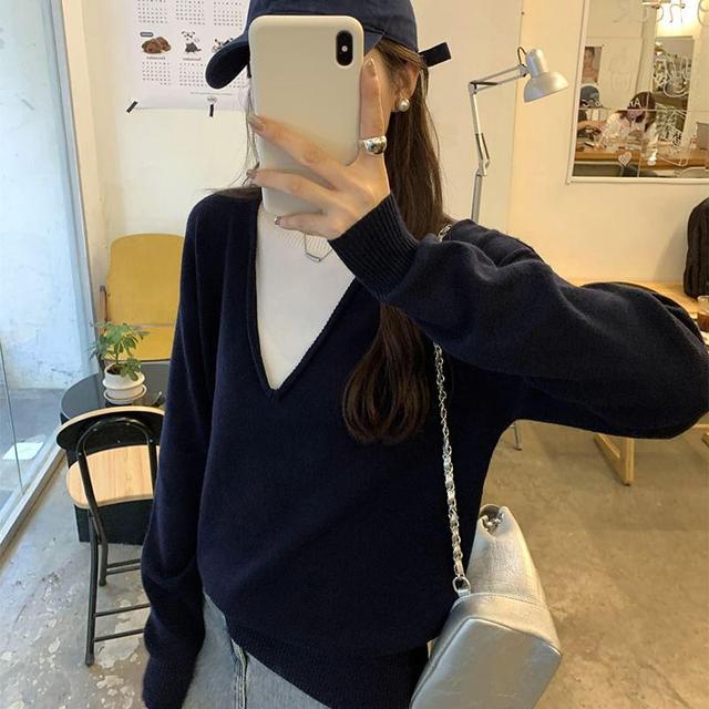 Crew Neck Two Tone Mock Two-Piece Sweater Product Image