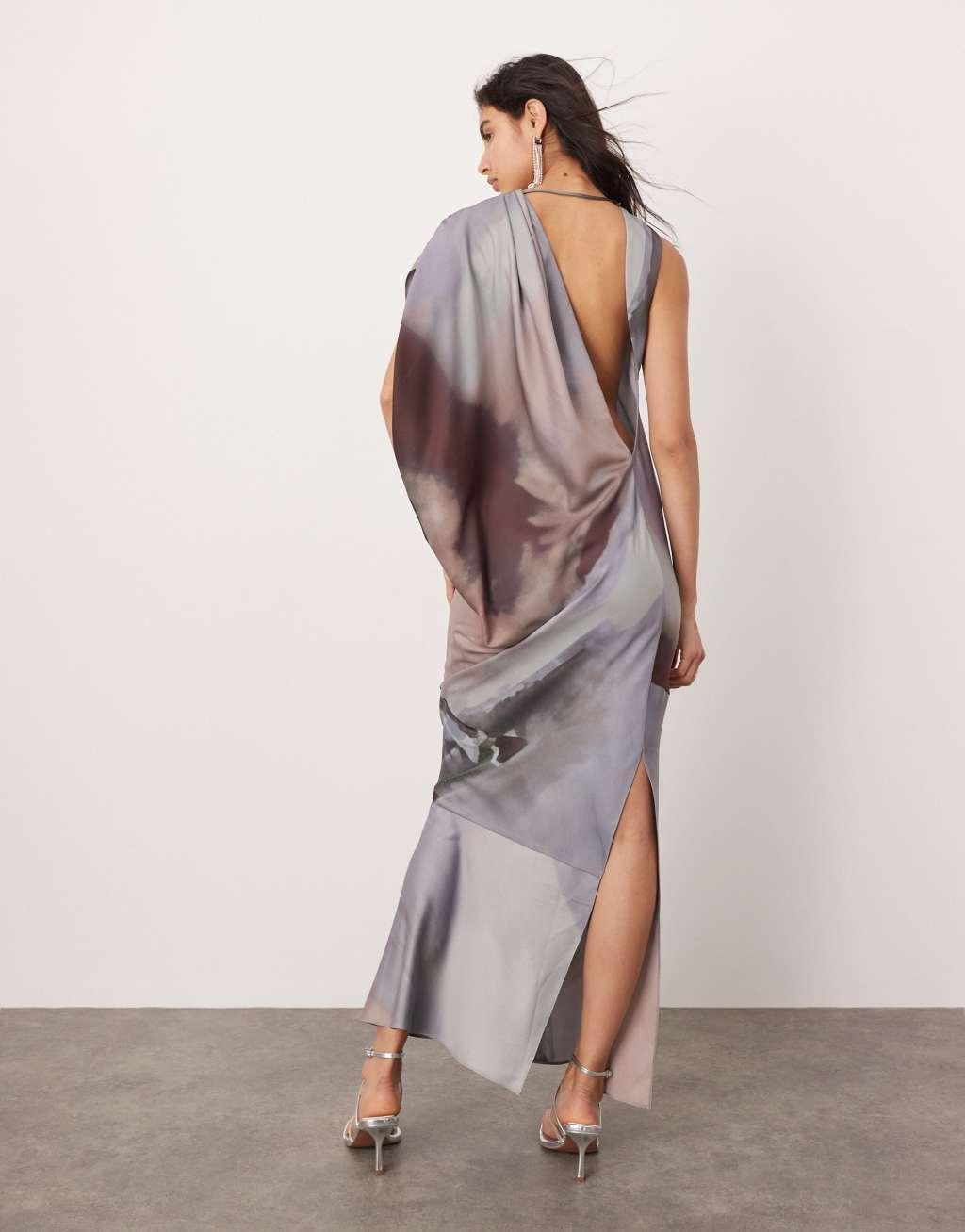 ASOS EDITION satin draped one sleeve asymmetric midi dress in oversized horse print Product Image