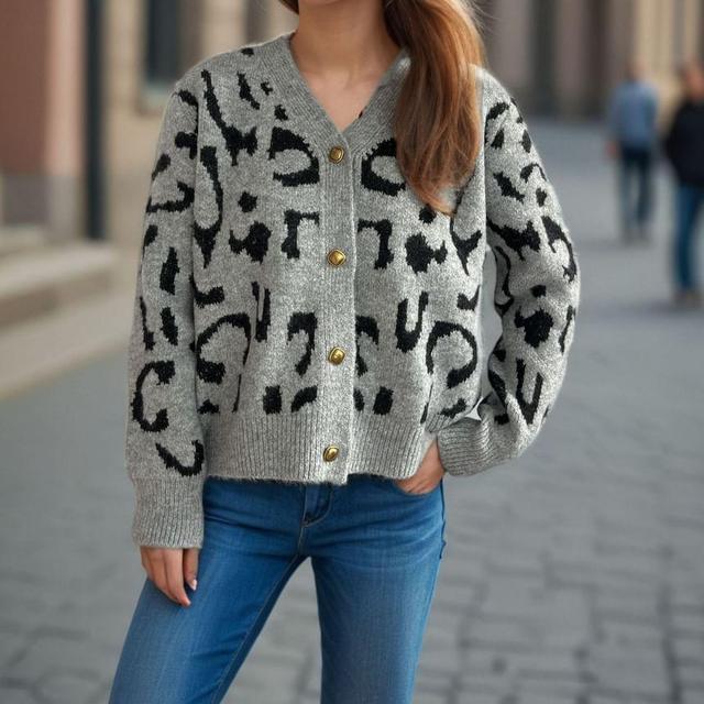 V-Neck Leopard Print Button-Up Crop Cardigan Product Image