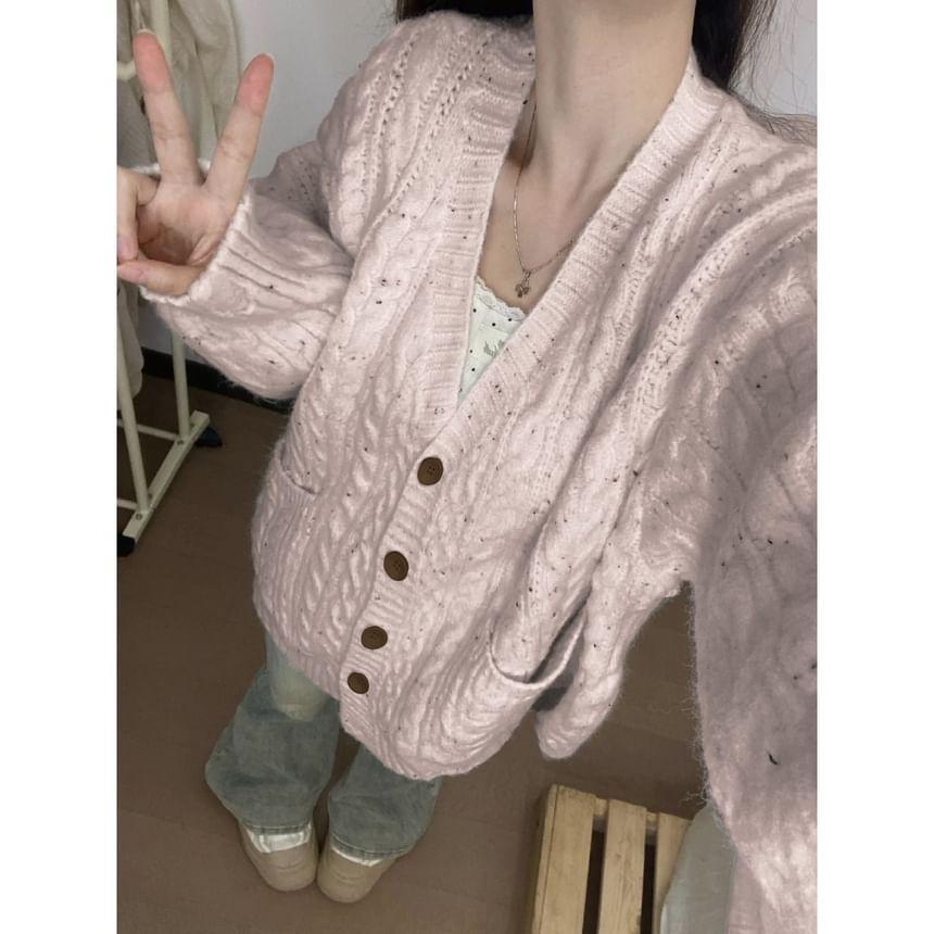 V-Neck Speckle Cable Knit Button-Up Cardigan Product Image