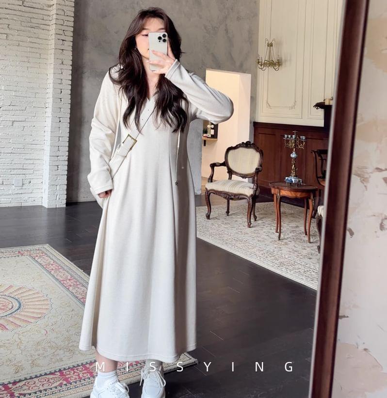 Long Sleeve Plain Hood Half Zip Midi A-Line Dress Product Image