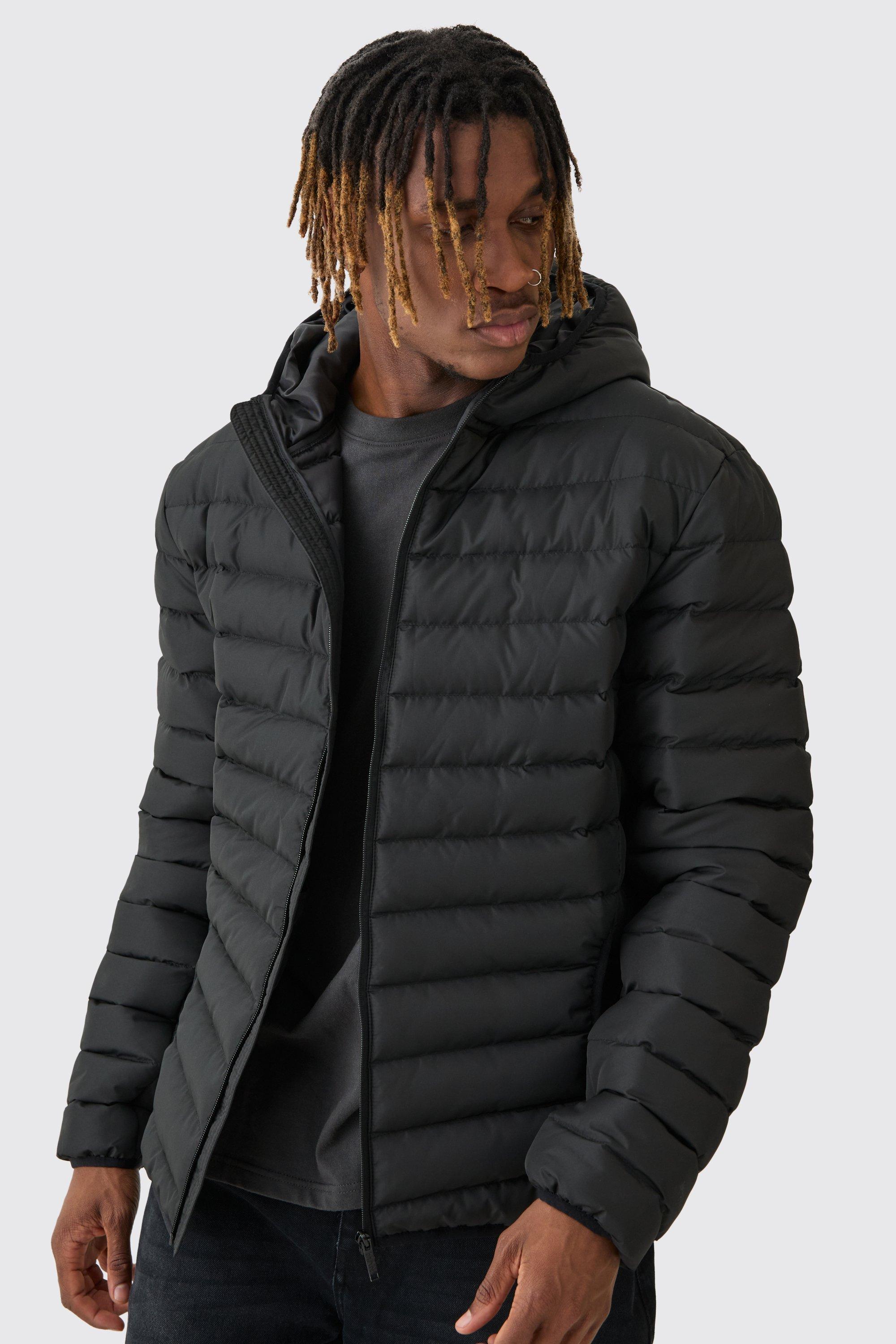 Tall Zip Through Hooded Puffer Jacket In Black | boohooMAN USA Product Image