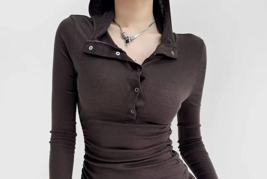 Long-Sleeve Plain Hooded Drawstring T-Shirt Product Image