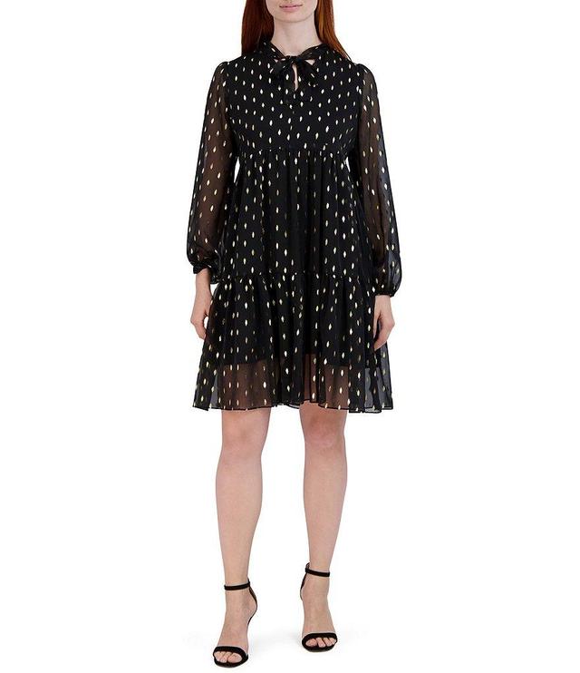 Robbie Bee Long Sleeve V-Neck Chiffon Tiered Shift Dress Product Image