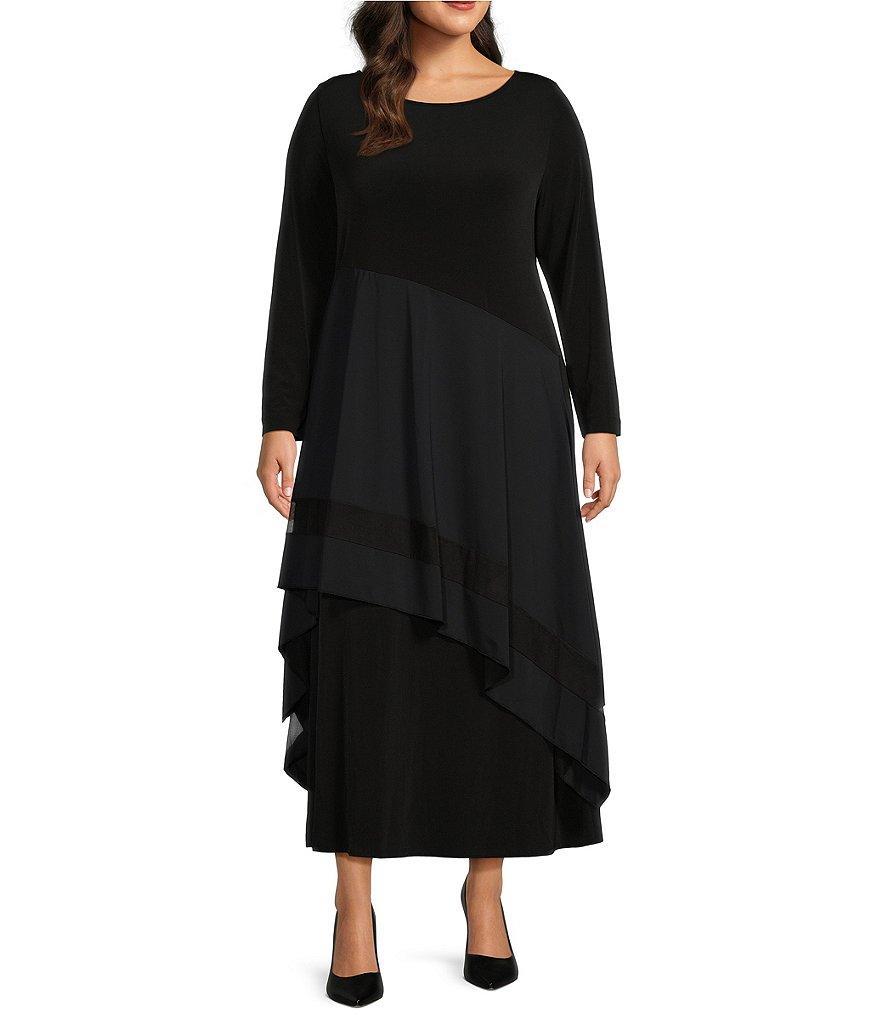 IC Collection Plus Size Apron ITY Knit Boat Neck Long Sleeve Asymmetrical Contrast Layered Pocketed A-Line Midi Dress Product Image