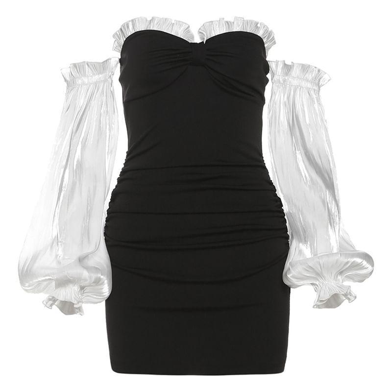 Puff Sleeve Off-Shoulder Ruffled-Trim Color-Block Mini Bodycon Dress Product Image