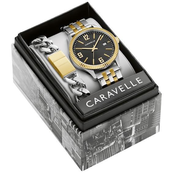 Men's Caravelle by Bulova Two-Tone Watch with Black Dial and Bracelet Box Set (Model: 45K000) Product Image