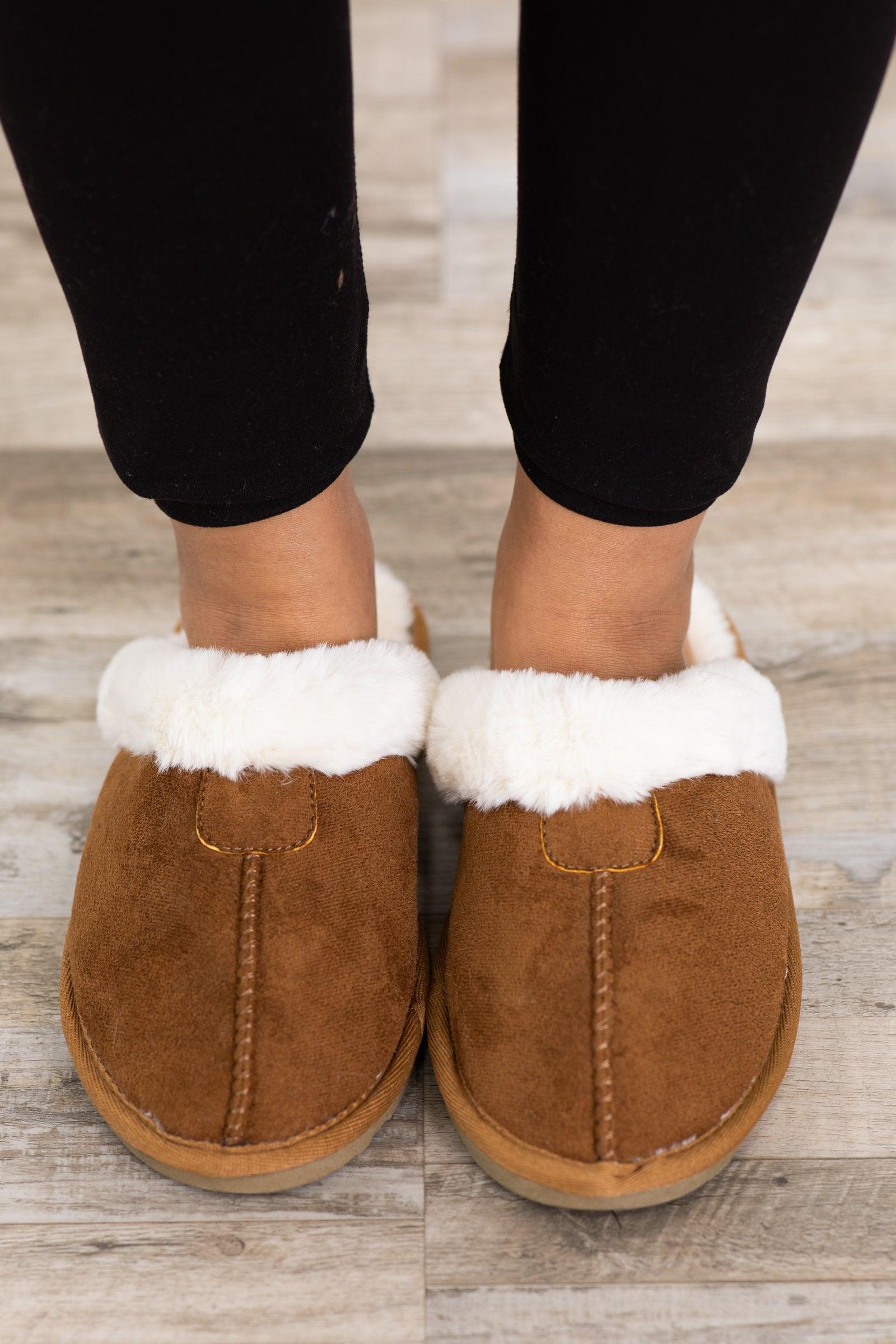 Camel Faux Fur Lined House Slippers Product Image