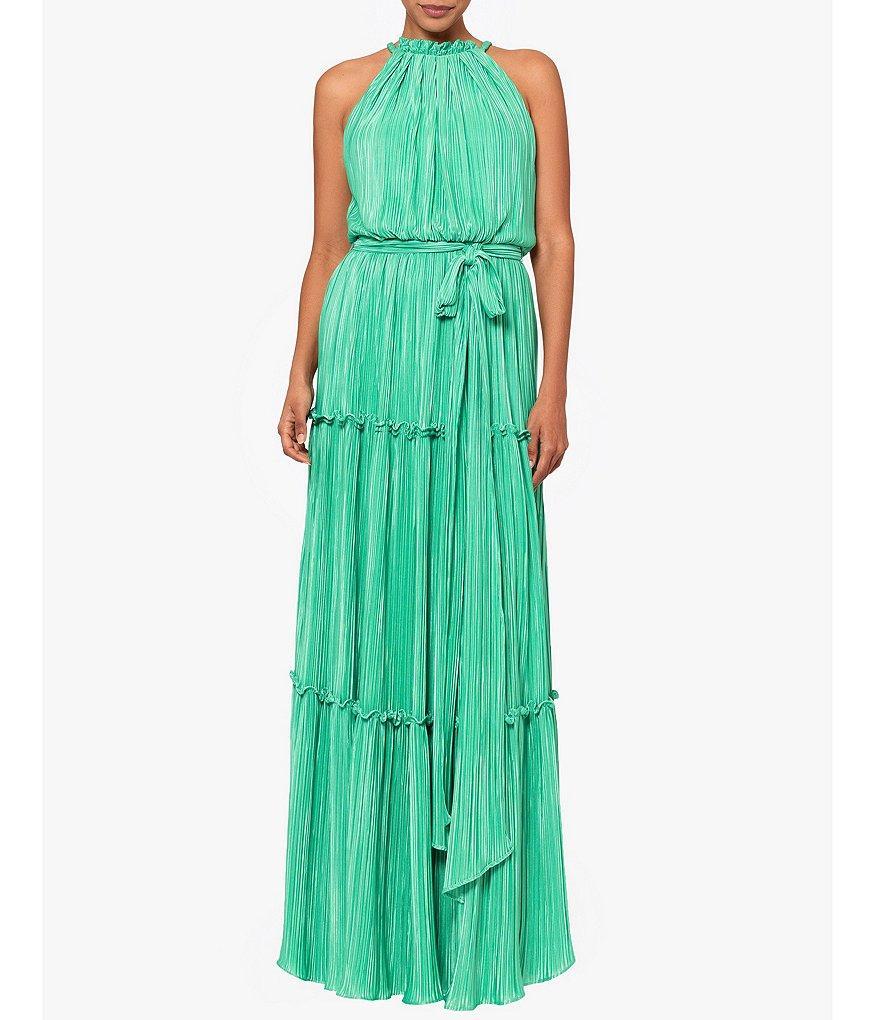 Betsy & Adam Pleated Bodre Halter Ruffle Neck Sleeveless Tie Waist Tiered Dress Product Image