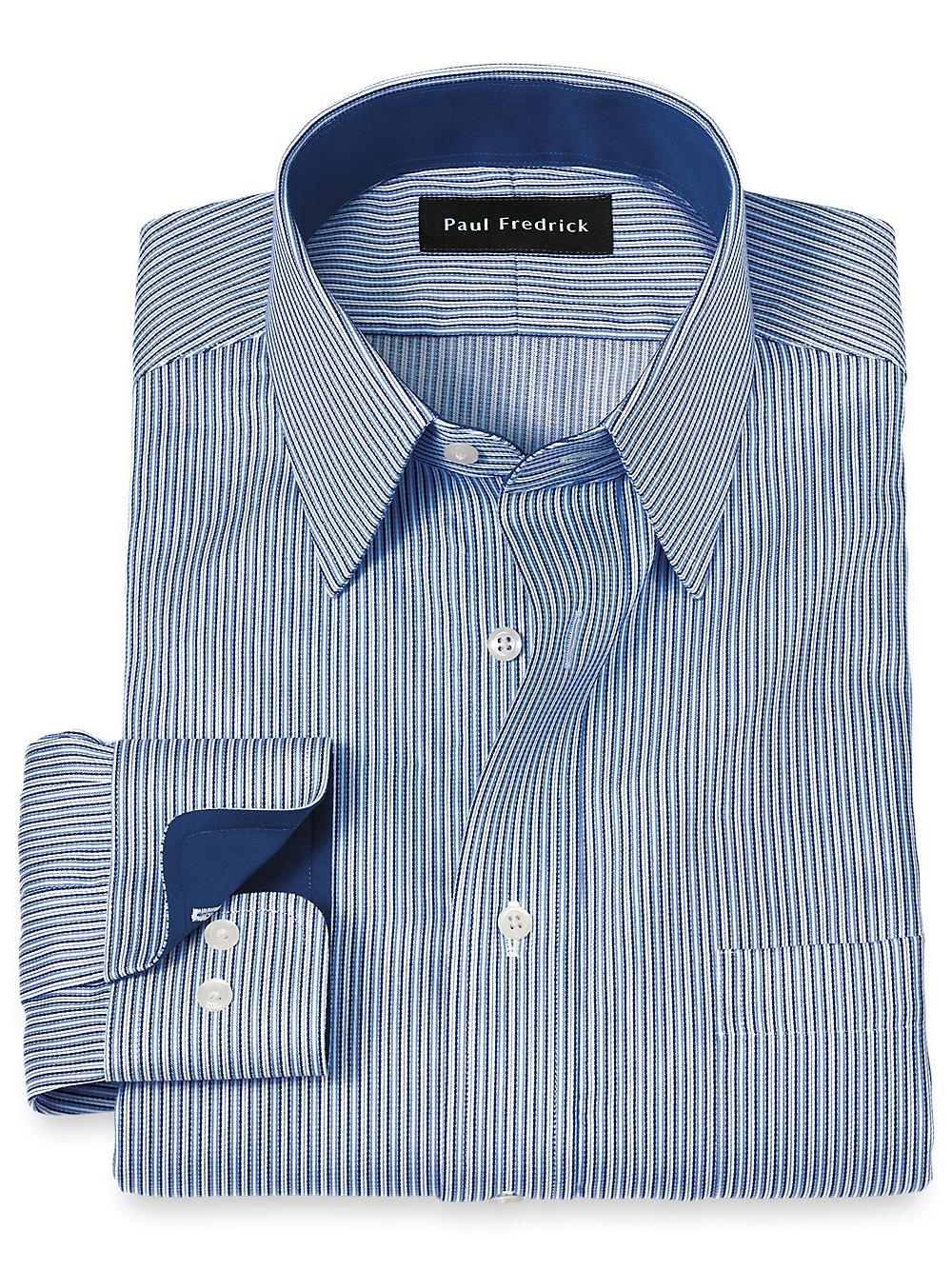 Non-Iron Cotton Stripe Dress Shirt With Contrast Trim - Blue Product Image