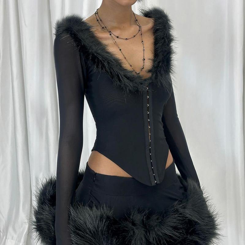 Long Sleeve V-Neck Furry-Trim Slim-Fit Top Product Image