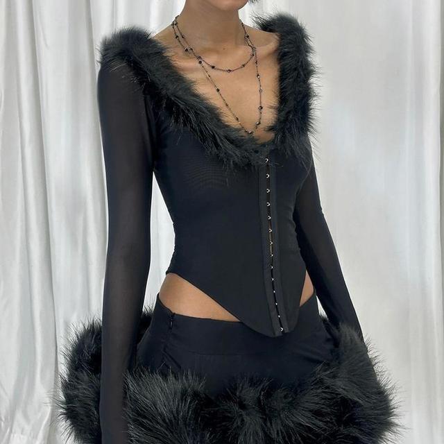 Long Sleeve V-Neck Furry-Trim Slim-Fit Top Product Image