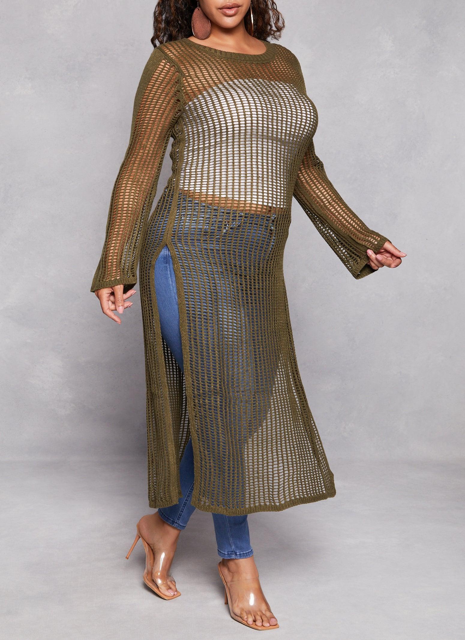 Womens Plus Size Crochet Side Slit Maxi Sweater Product Image