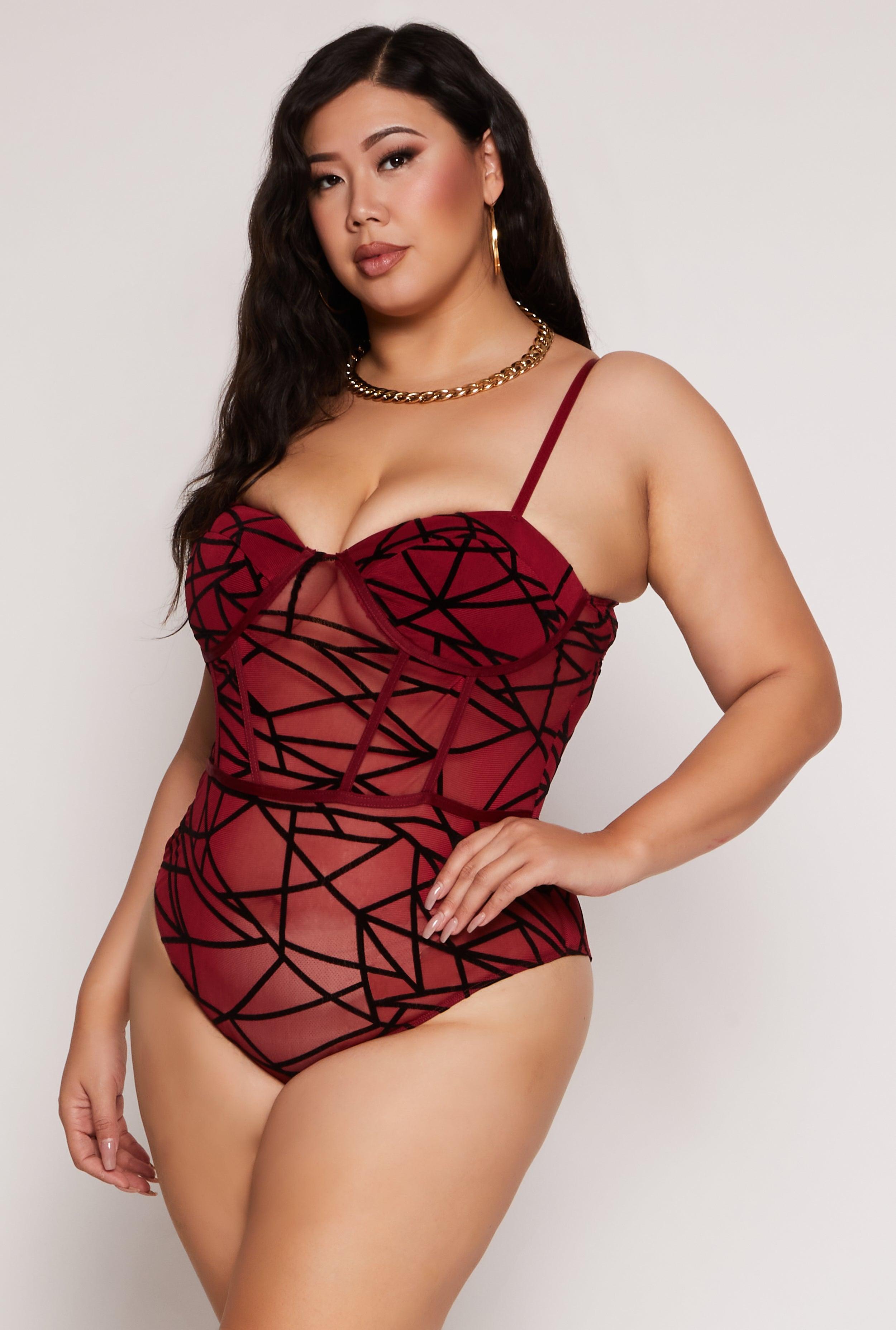 Womens Plus Size Velvet Burnout Patterned Bustier Bodysuit Product Image