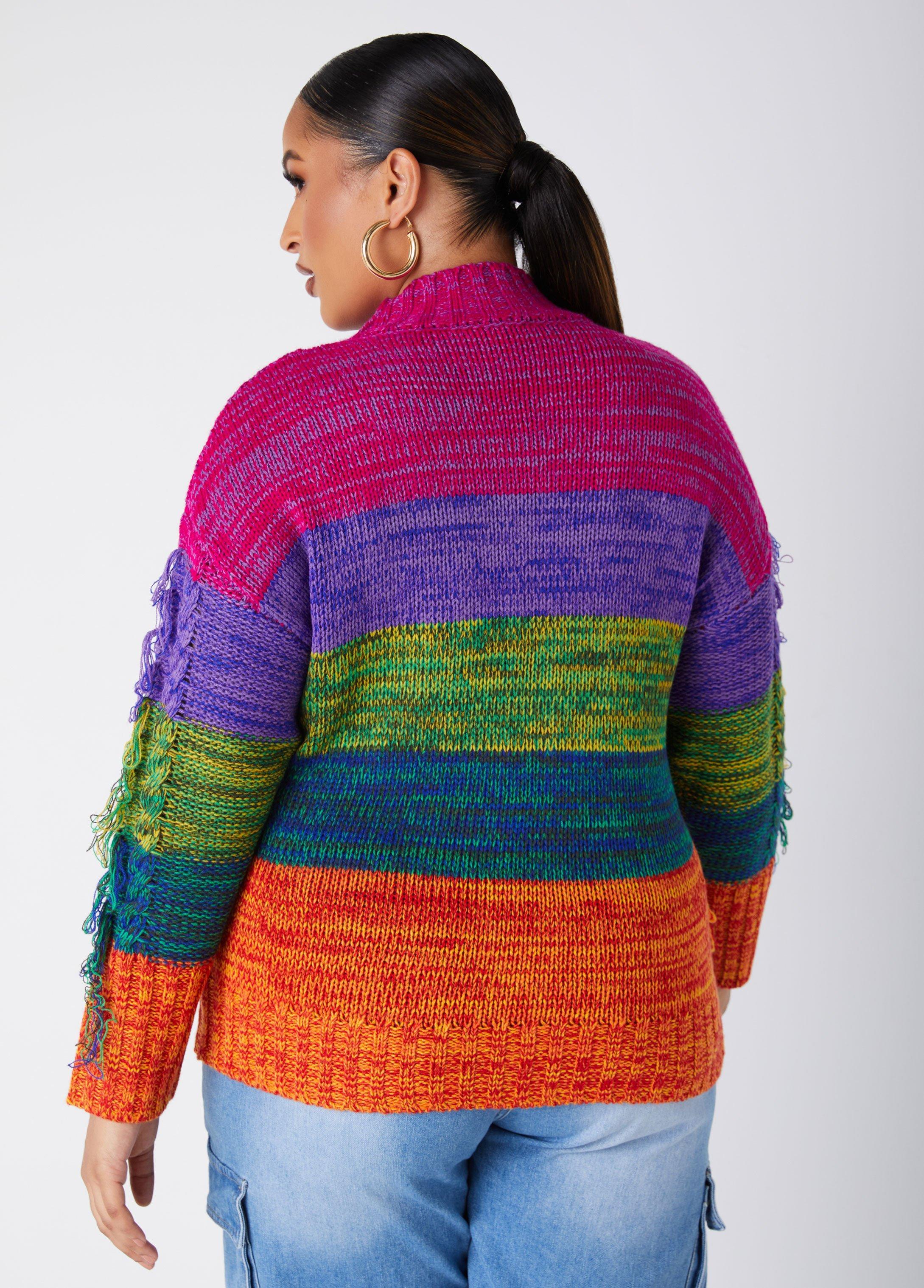 Fringed Rainbow Cable Knit Sweater Product Image