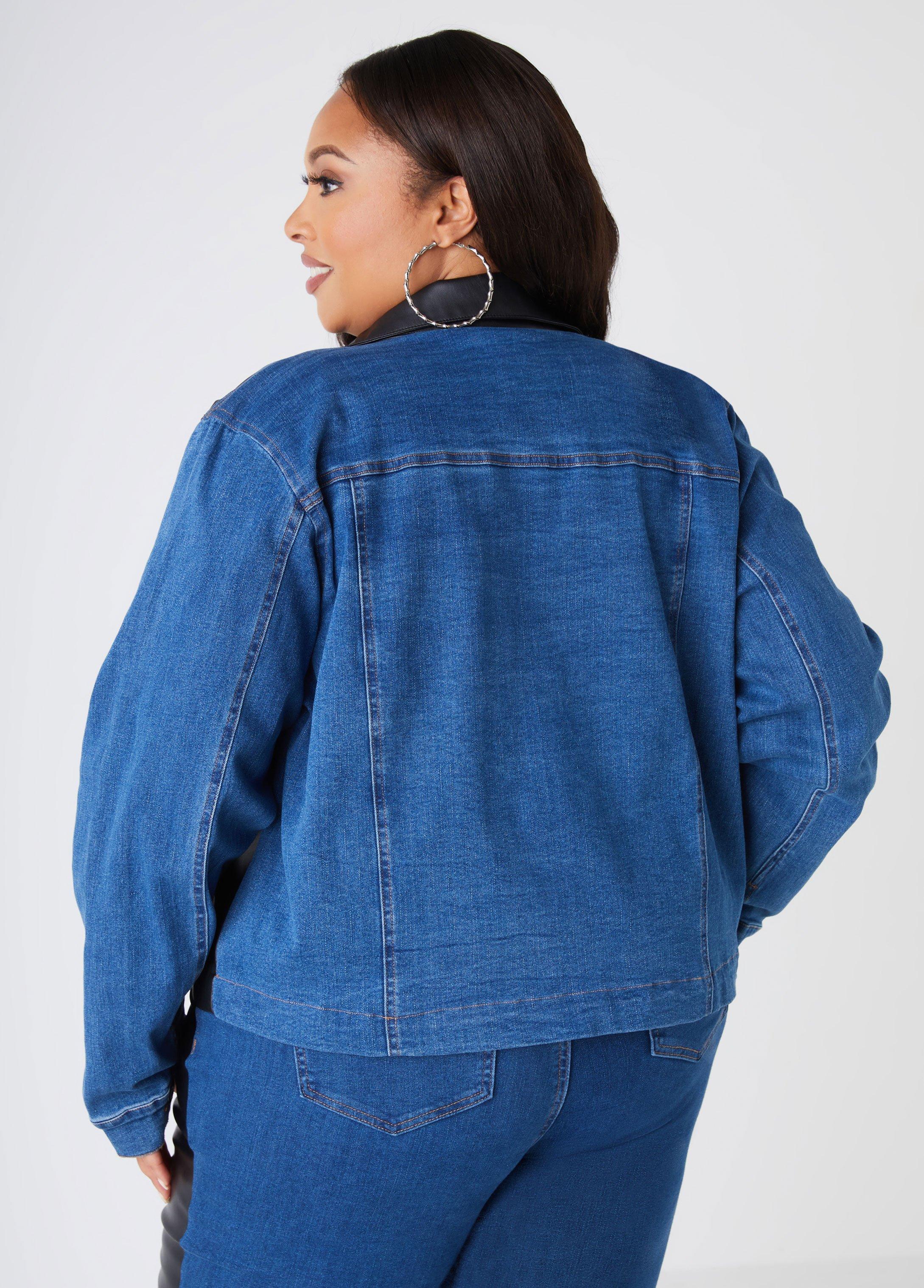 Faux Leather Paneled Denim Jacket Product Image