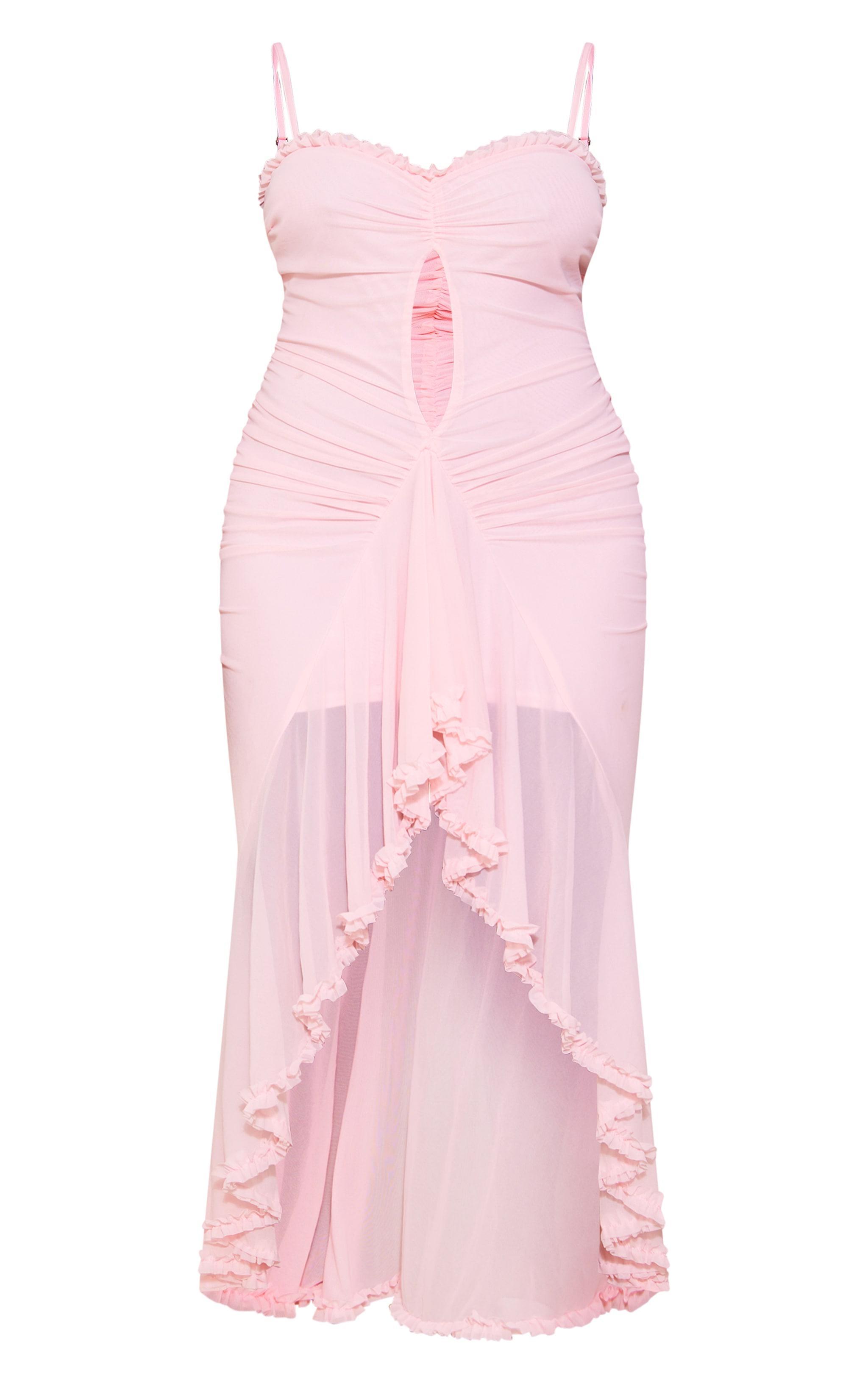 Plus Light Pink Mesh Ruffle Cut Out Flared Maxi Dress Product Image