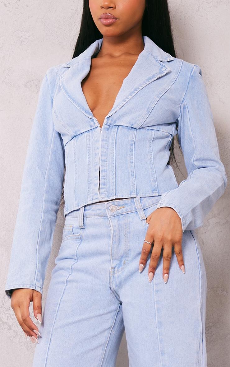 Light Blue Wash Corset Detail Cropped Denim Jacket Product Image