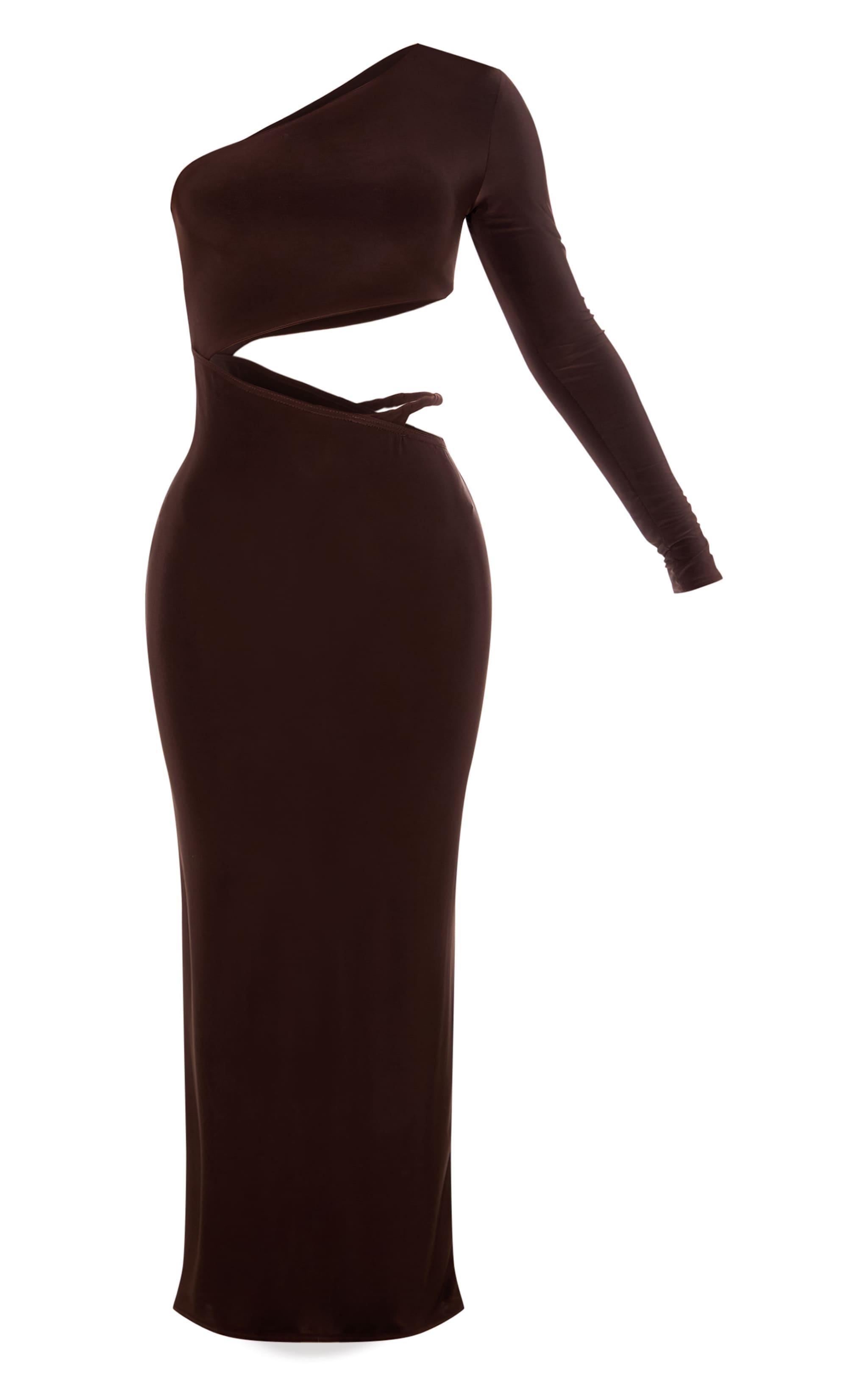  Chocolate Double Layer Soft Touch One Sleeve Cut Out Dress Product Image