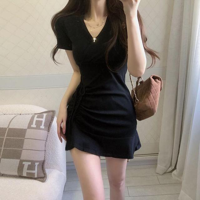 Cold-Shoulder Short-Sleeve Plain Drawstring Mini Bodycon Dress Product Image