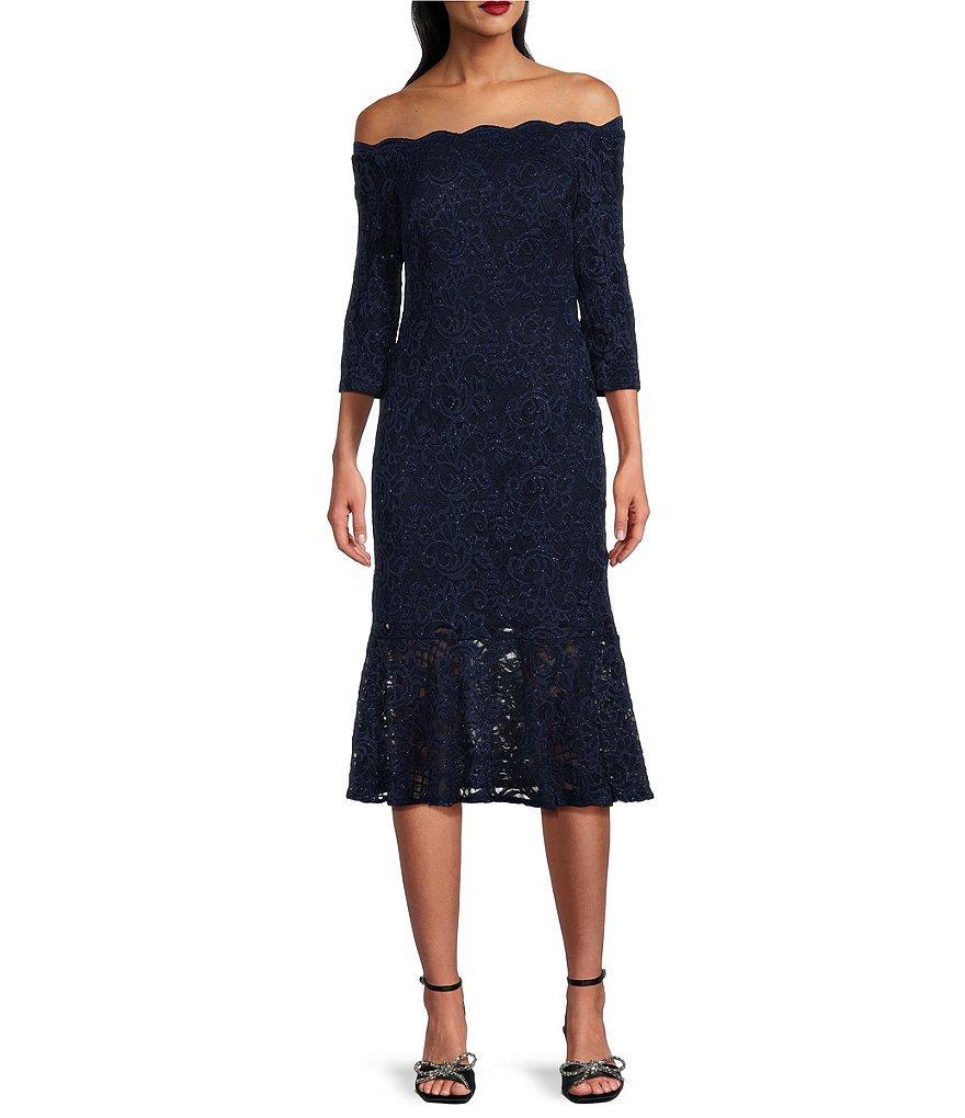 Alex Evenings 3/4 Sleeve Scalloped Off The Shoulder Neck Flounce Hem Lace Dress Product Image