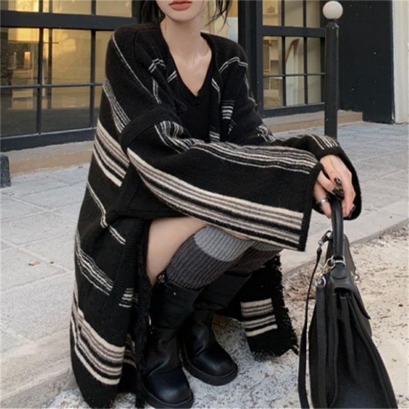 Striped Fringe Open Front Cardigan Product Image