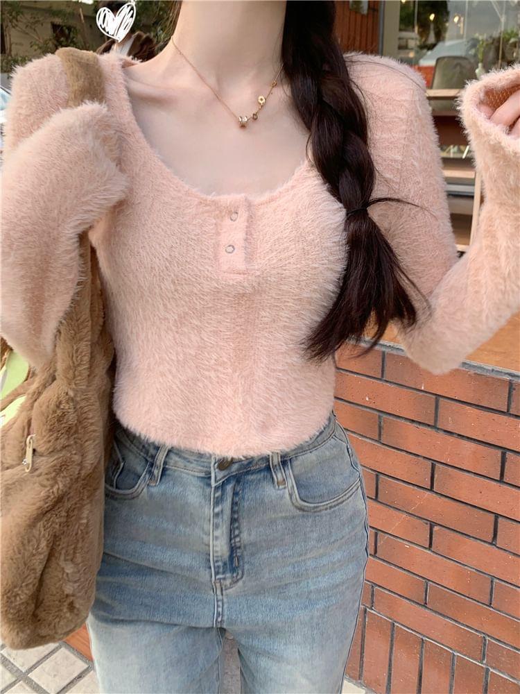 Long-Sleeve Plain Crop Henley Knit Top Product Image