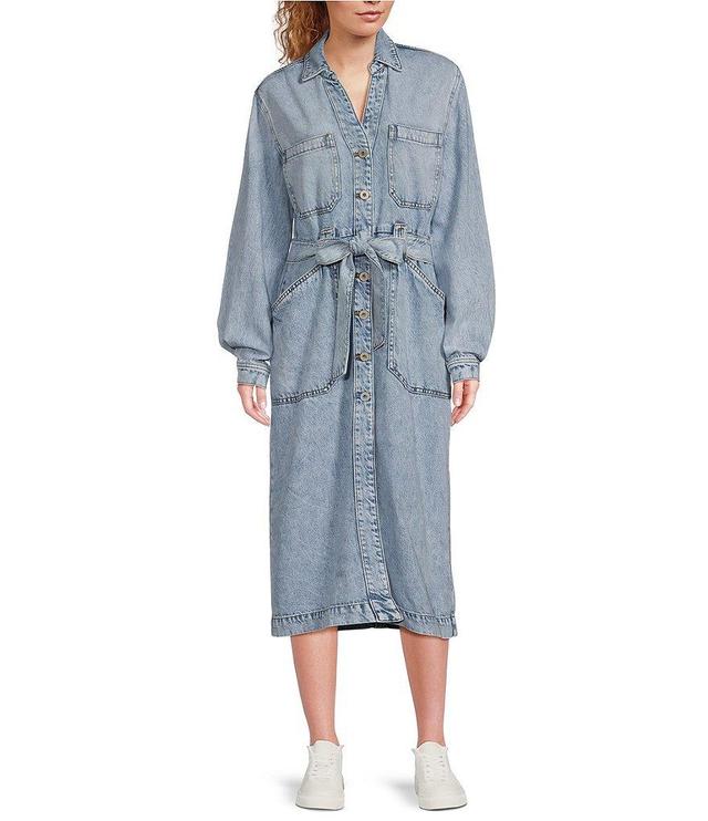 Every Vintage Wash Denim Point Collar V-Neck Long Sleeve Button Front Belted Midi Shirt Dress Product Image