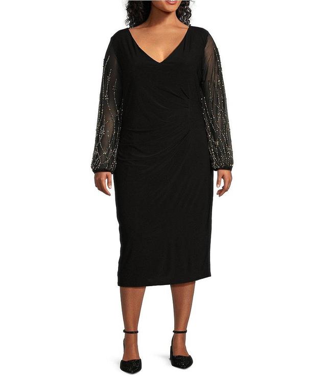 Marina Plus Size V-Neck Long Beaded Sleeve Side Ruched Midi Sheath Dress Product Image