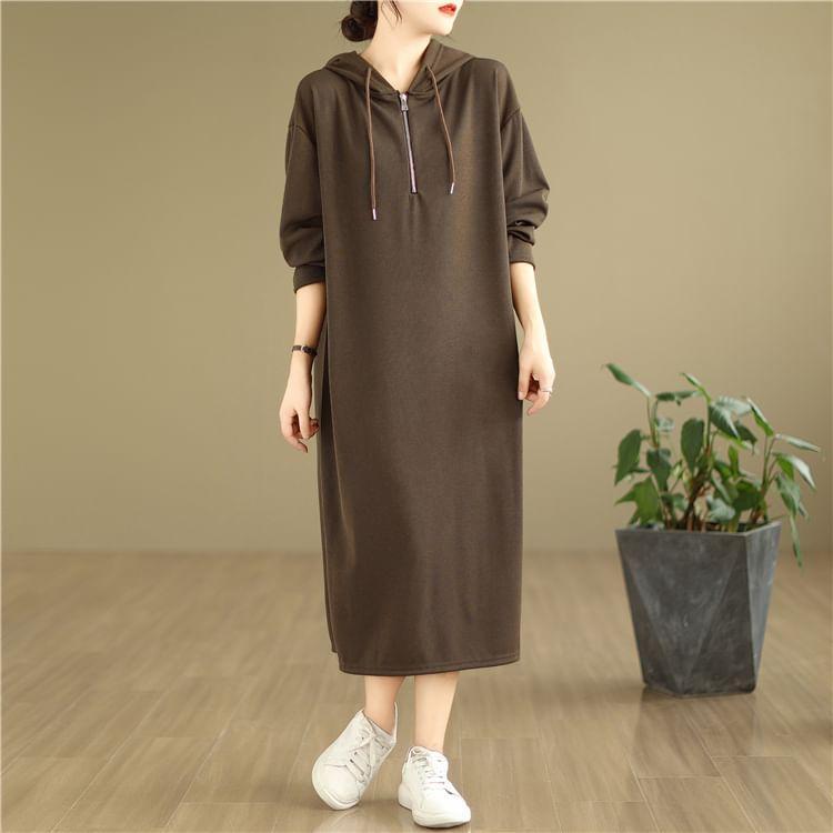 Half Zip Plain Midi Hoodie Dress Product Image