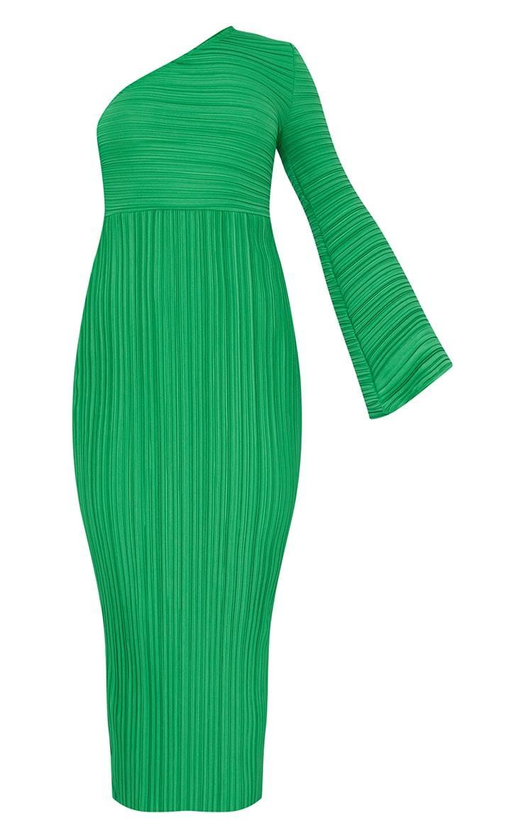 Green Plisse One Shoulder Flare Sleeve Midaxi Dress Product Image