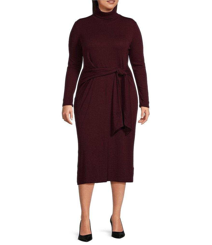 Lauren Ralph Lauren Plus Size Royal Claret Velvet Turtleneck Long Sleeves Self-Tie Slim Fit Dress Product Image