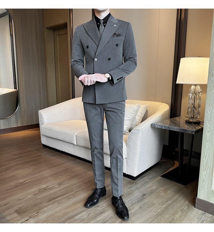 Set: Plain Double-Breasted Blazer + Dress Pants Product Image