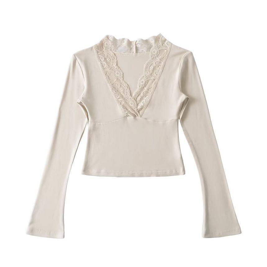 Bell Sleeve V-Neck Lace-Trim Plain Slim-Fit Crop Top product image