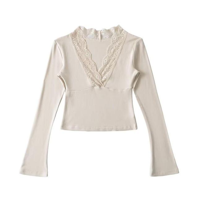 Bell Sleeve V-Neck Lace-Trim Plain Slim-Fit Crop Top Product Image