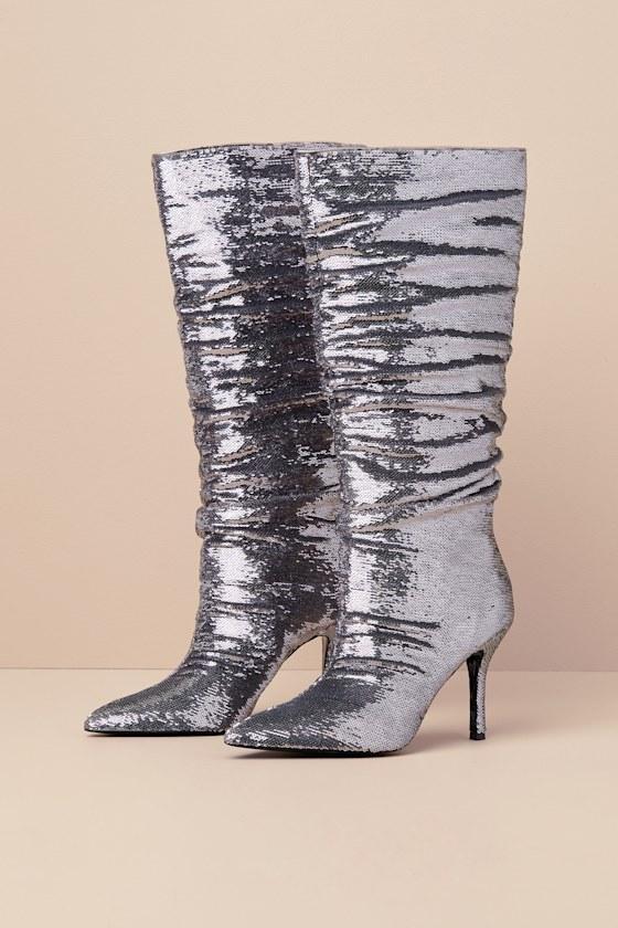 Cristean Silver Sequin Pointed-Toe Slouchy Knee-High Boots Product Image