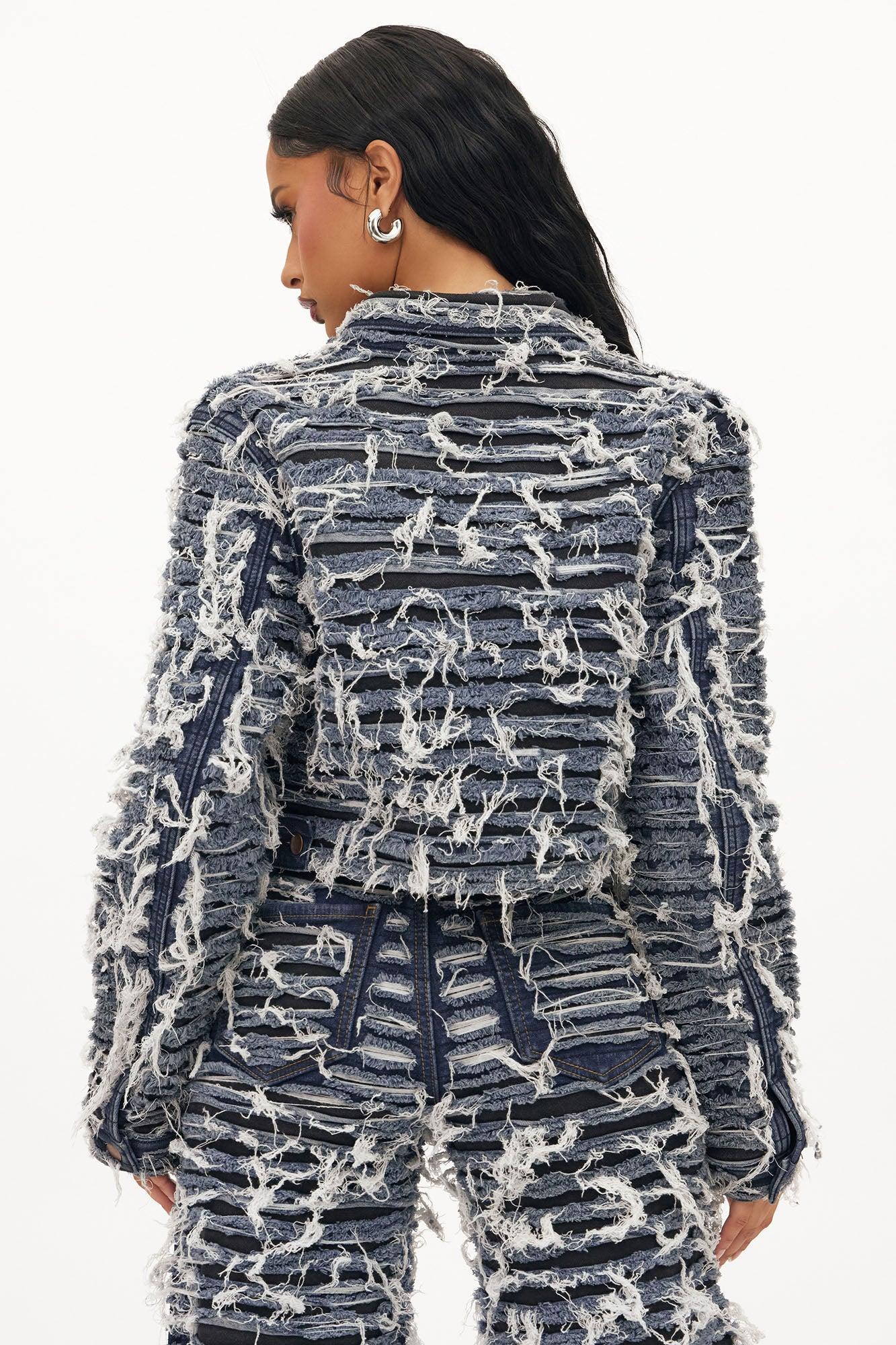 Courtside Shredded Denim Jacket - Dark Wash Product Image