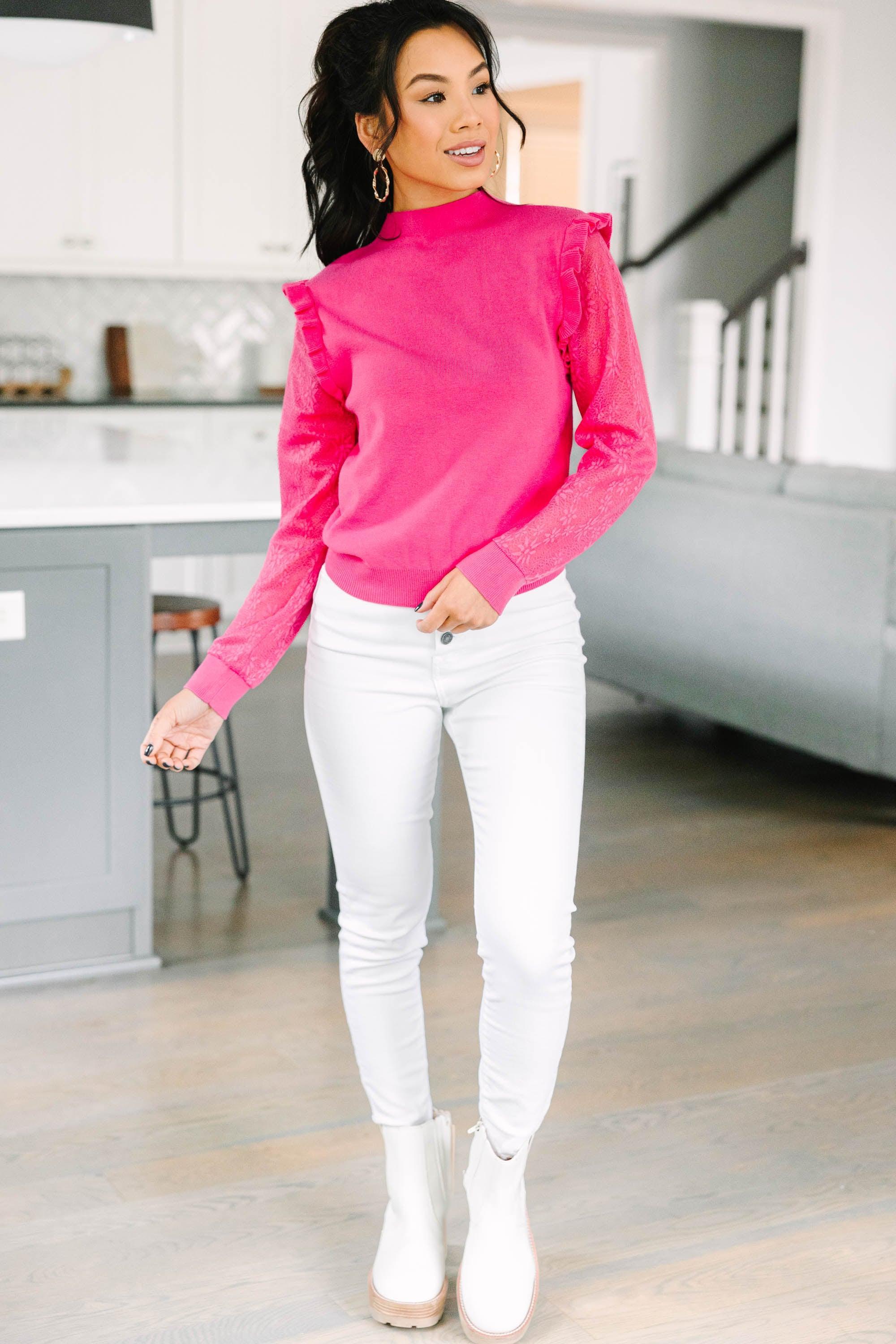 All Around The Way Fuchsia Pink Ruffled Sweater Female Product Image