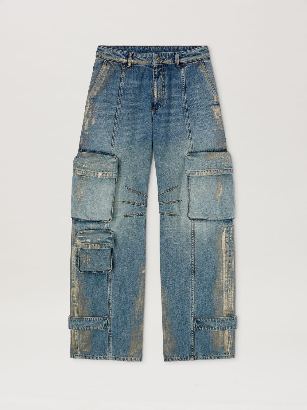 Metal brushed cargo denim pants in  4472 medium blue - silver  - Palm Angels® Official  Product Image