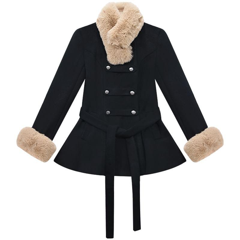 Plain Tie Waist Double-Breasted Coat / Fluffy Trim Capelet Product Image