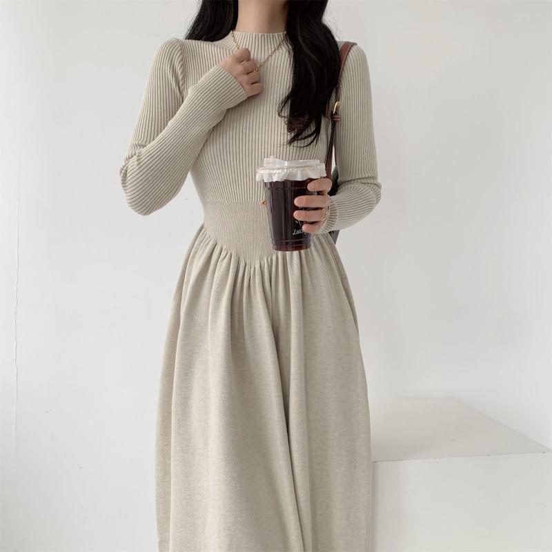 Long-Sleeve Crewneck Knit Maxi A-Line Dress Product Image