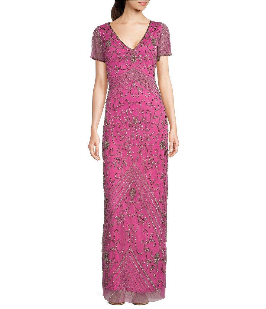 Pisarro Nights Beaded V-Neck Short Sleeve Sheath Gown Product Image