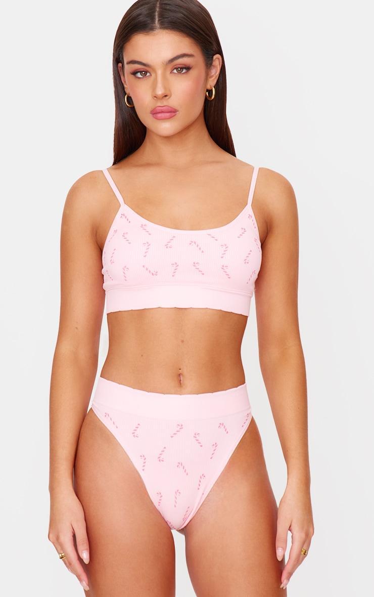 Pink Candy Cane Print Ribbed Scoop Neck Bralette Product Image