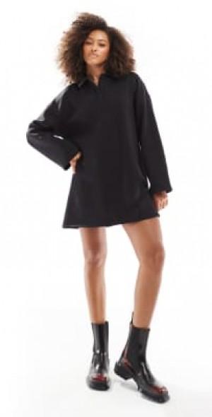 ASOS DESIGN long sleeeve rugby collar mini dress in black Product Image