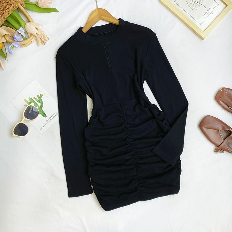 Long Sleeve Crew Neck Plain Ruched Bodycon Mini Dress Product Image