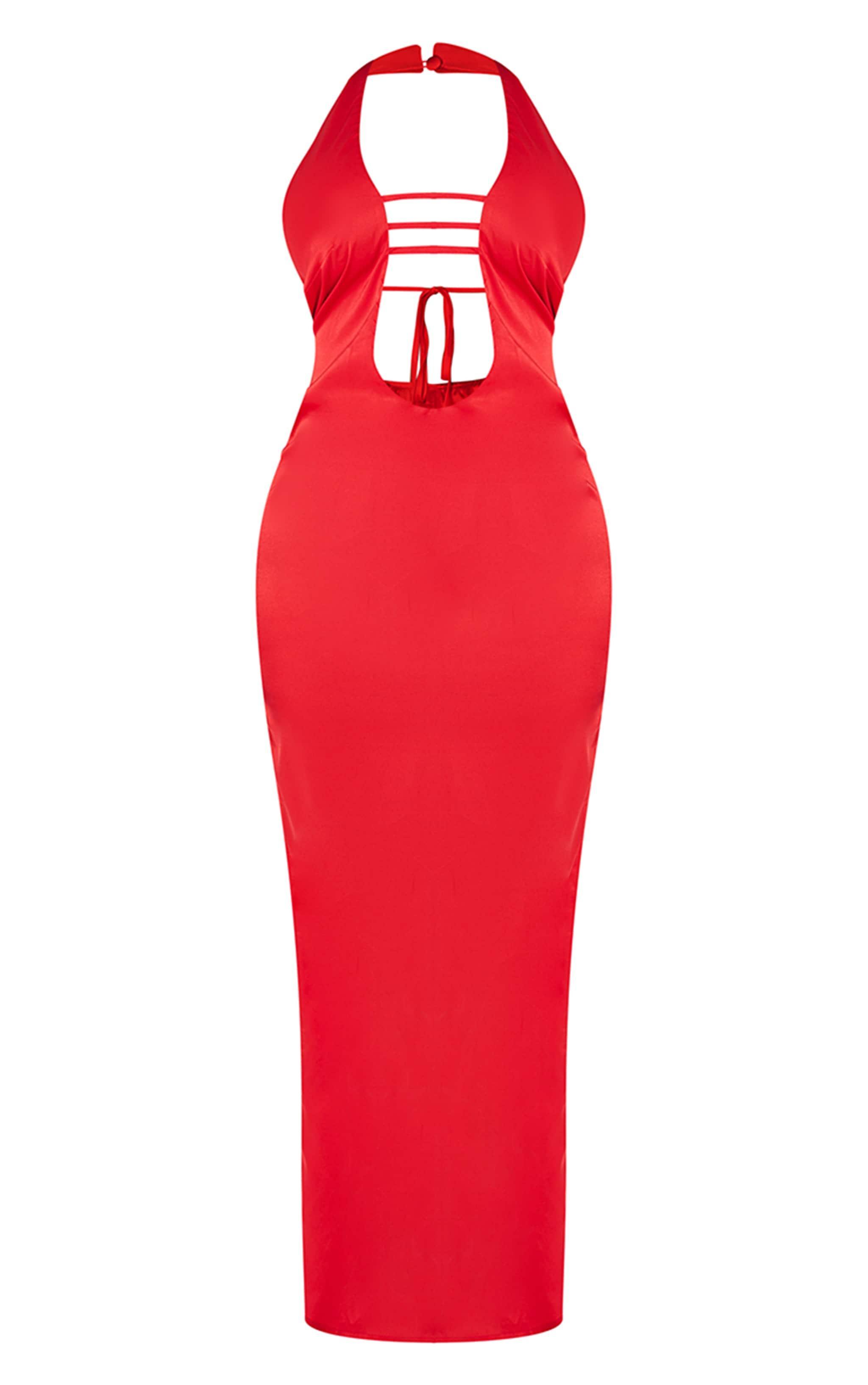 Shape Red Satin Plunge Front Halterneck Maxi Dress Product Image