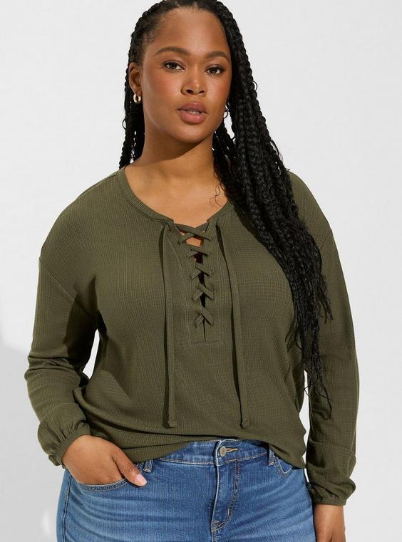 Texture Jersey Lace-Up Drop Shoulder Top Product Image